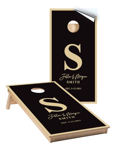 Cornhole Board Wraps #732 - Black and Ivory Customized with Names Cornhole Graphic Decals, Cornhole Wraps - Includes Application Squeegee - Set of (2) 25