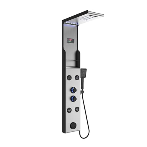 ELLO&ALLO cabezal de ducha tipo lluvia con LED y sistema de masaje con jets corporales, panel de ducha de acero inoxidable para baño, sistema tipo torre con repisa, acabado cepillado y negro