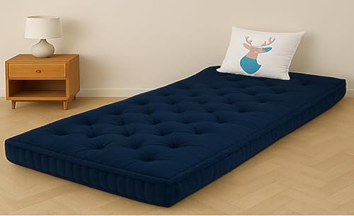 Image of ATOOTFUSION Cotton Floor Mattress, 4 inch Thick Tufted Cushion, 72 x 30 inch, Foldable, Rollable Light Weight Cotton Mattress (Navy Blue)