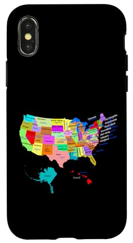 Carcasa para iPhone X/XS Camiseta de mapa de Estados Unidos con nombres de estado y capitales