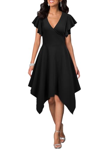 WOOSEA Women's Deep V Neck Formal Dress Hem Asymmetrical A Line Party Cocktail Dress Black