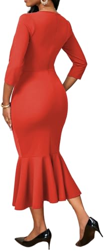 Image of Elegant Dress for Women Sexy V Neck Long Sleeve Bodycon Midi Fishtail Dresses