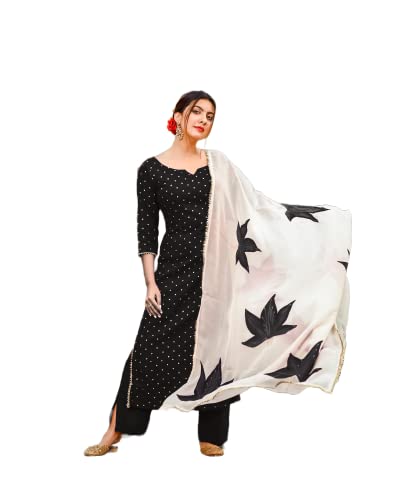 Image of ANNI DESIGNER Women's Rayon Straight Raspberry Handpainted Kurta with Palazzos & Dupatta (Rayon STY)