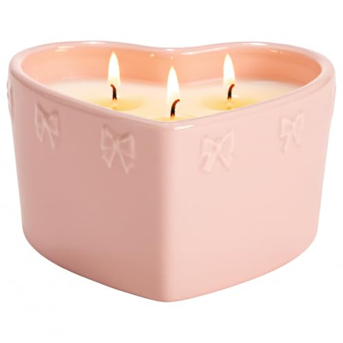 Paris Hilton Pink Spritz Scented Candle Pink Heart-Shaped Ceramic Vessel with Embossed Bow Detail Premium Plant Wax Blend 3-Wicks 12-Ounce