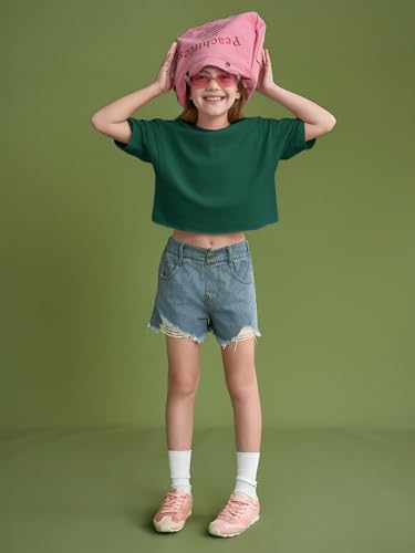 Image of Girls Athletic Oversized Crop Tops Kids Drop Shoulder Short Sleeve T Shirts Workout Tees 5-14 Years