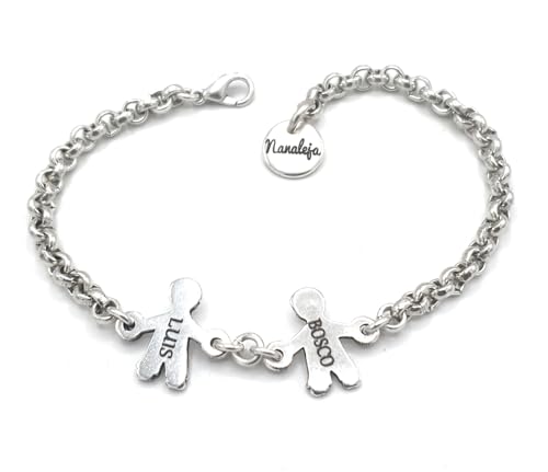 Pulsera con niños grabados - Nanaleja - Pulsera con nombres de niños grabados - Bañado todo en plata - Regalo para mamá - pulsera para las madres (Con 2 niños/as grabados)