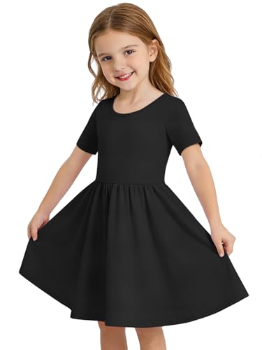Haloumoning Toddler Baby Girl Short Sleeve Dress Kids Summer A-Line Twirly Skater T-Shirt Dresses with Pockets 8M-9Y Black