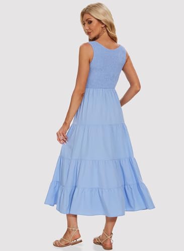 Image of Women's Summer Smocked Maxi Dresses Sleeveless U Neck Ruffle Hem Tiered A Line Flowy Dress