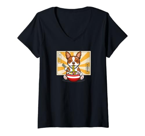 Femme Funny Cute Kawaii Kids Japanese Ramen Red Bostie Dog Lover T-Shirt avec Col en V