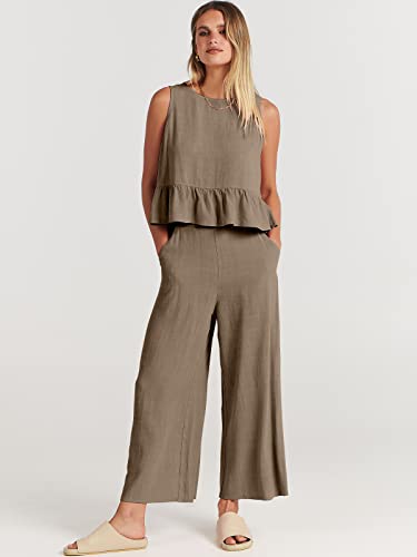 Prinbara Two Piece Outfits For Women Going Out Summer Vacation Sleeveless Linen Crop Tank Top Casual Matching Lounge Sets Comfy Tracksuits Long Pants Jumpsuits 2023 Cute Clothes 8Pa17-Kaqi-M #TOP1