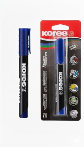 Kores - Blue Permanent Marker Pen - K-Marker XP1, Round Tip with Low-Odour Ink - Waterproof Marker Pens for All Surfaces - School Supplies, Office Supplies - Pack of 1