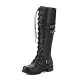 TVNGDLI Women's Flat Combat Knee-High Boots Strappy Lace-up Gothic Vintage Punk...