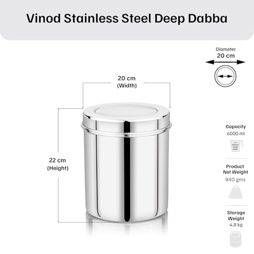 Image of Vinod Stainless Steel Deep Dabba | 6000ml Capacity, 19cm Dia | Food Storage Container for Daily Use | Durable, Rust-Resistant & Easy to Clean | Ideal for Storing Grains & Snacks
