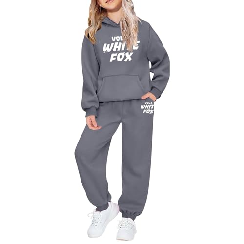Kids Tracksuit Full Set UK 2 Piece Oversizedoutfit - Girls Tracksuit Sets Kids Trendy with Letter Print Long Sleeve Pullover Sweatshirts and Sweatpants Sportwear Outfit (Grey, 11-12 Years