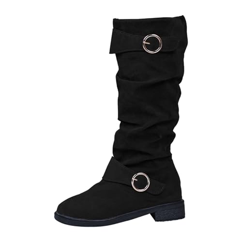 Generisch Bottes d'équitation d'hiver tendance montantes au genou en daim avec boucle, élégantes, confortables, mi-mollet, chaussures d'hiver décontractées, Noir , 42 EU