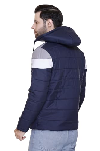 Image of Men's Navy Blue and Grey Hooded Puffer Jacket, Quilted, Zip Front