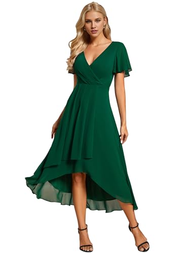 Ever-Pretty Abendkleid Damen A-Linie Chiffon Kurze Ärmel Partykleider V Ausschnitt Chiffon Hochzeit Knielang Dunkelgrün 42