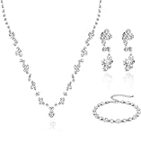 AIBOIL Juego de joyas de diamantes de imitación de plata para mujer, collar, pulsera y aretes colgantes, para novia, despedida de soltera, boda, graduación, accesorios para novias