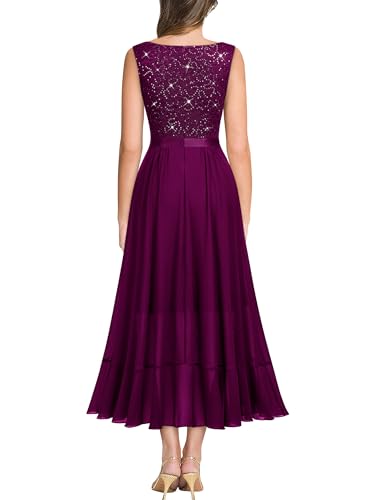 Image of Miusol Women's Vintage V-Neck Sleeveless Sequined Floral Lace Ruffle Split Evening Party Dress | Deep V-neck, sleeveless, sequin lace, ruffle design dress, suit for cocktail party, wedding and banquet