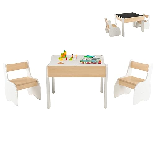 HONEY JOY Kids Table and Chair Set, 4-in-1 Children Wooden Activity Table and 2 Chairs for Art Craft, Reversible Blackboard, 3 PCS Toddler Furniture with Storage, Gift for Boys Girls (Natural)