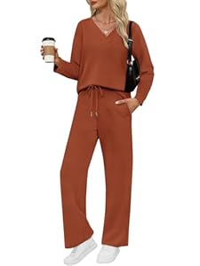 VUTRU Damen Zweiteiler Trainingsanzug Elegant Baumwolle Rundhals Jogginganzug Langarm Tshirts und weite Hose mit Taschen Sport Anzug für Damen Braun M