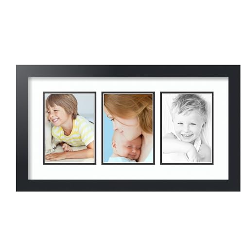 ArtToFrames Double-Multimat-24-61/89-FRBW26079 Collage Photo Frame Double Mat with 3-5x7 Openings and Satin Black Frame, Super White, 3-5x7