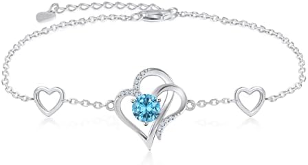 RIVIKO Love Heart Charm Bracelet For Women 925 Sterling Silver With Zirconia December Birthstone Bracelets Adjustable Link for Mother Wife Girls Sister Birthday Christmas Mother's Day Valentine's Day Jewelry Gift