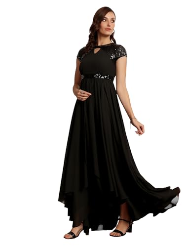 Image of Miss Chase Women's Round Neck Sleeve Embellished Fit Flare Maxi Dress