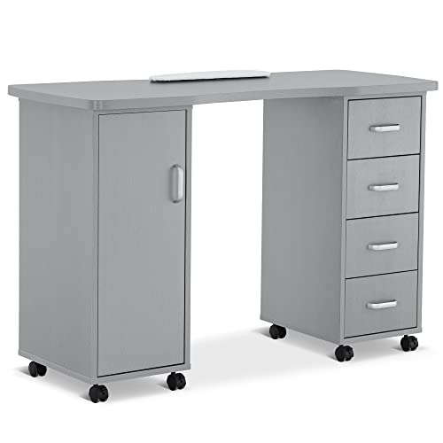 BarberPub Manicure Table, Acetone Resistant Nail Desk, Nail Table with 4 Drawers, 2 Cabinet, Lockable Wheels, Wrist Pad, Nail Desk for Nail Tech, Beauty Salon Silver 0611