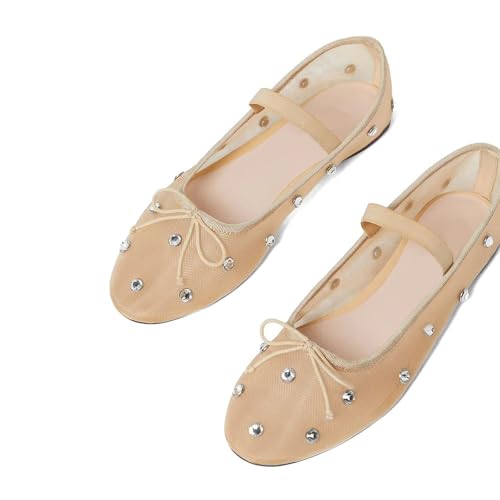 Women's Sheer Mesh Ballet Flats, Rhinestone Embellished, Bow Accented Toe with Elastic Mary Jane Strap, Elegant Comfortable Dressy Flats3