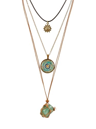 MINACHI Bohemian Retro Style Multi Layer Necklace, Green Crystal Sun and Floral Pendant, Ethnic Jewelry for Women - Main Image
