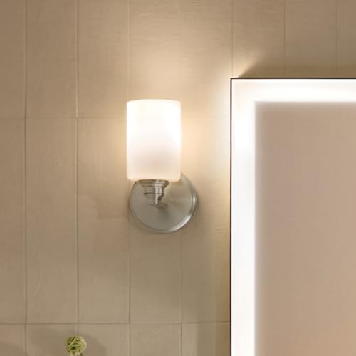 Image of Kichler Gioe 5 inch 1-Light Wall Sconce with Opal Glass in Brushed Nickel, Damp Rated, for Powder Room, Bathroom, Kitchen, Hallway, Bedroom, Fireplace, (5 inch W x 9.5 inch H), 55224NI