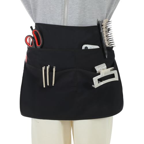 Sorcristy Hairstylist Half Aprons for Women, Barber Half Waist Apron with 4 Pockets Adjustable Belt, Hair Resistant Bleach-Proof Barber Apron for Men Women, Salon Tool Apron