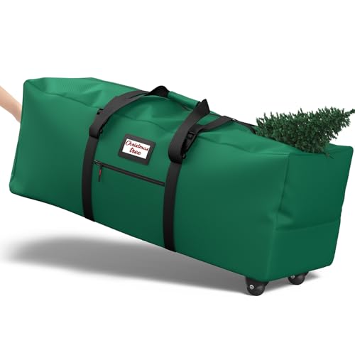 Kesfitt Christmas Tree Storage Bag 9Ft, Rolling Christmas Tree Bag with Wheels, Christmas Tree Storage Box with Adjustable Straps Fits Artificial Tree, 600D Oxford Extra Large Heavy Duty, Dual Zippers