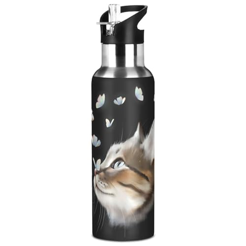 ALAZA Botella de Agua Térmica Aislada al Vacío con Pajilla, Acero Inoxidable, Capacidad 20 Ounzas, Estampado Gato con Mariposa