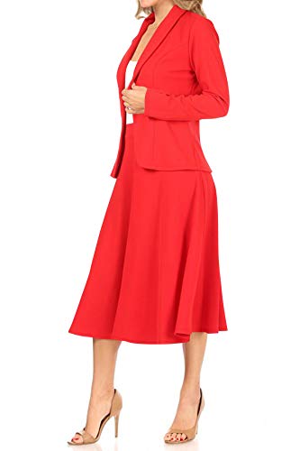 Two Piece Lightweight Solid Long Sleeve Casual Blazer Relaxed A-Line Midi Skirt Red 2XL3