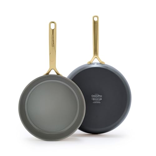 Greenpan GP5 - Juego de 2 sartenes de 24 cm y 28 cm, cerámica anodizada dura, antiadherente, sin PFAS, asas de champán, superficie que se mantiene plana, inducción, apto para lavavajillas y horno,
