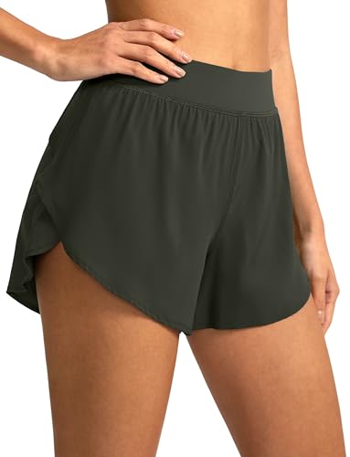 Soothfeel High Waisted Athletic Running Shorts for Women Dolphin Short High Split Quick Dry Gym Workout Shorts with Liner Army Green, S
