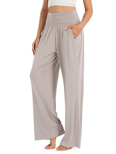 ODODOS Women's Wide Leg Palazzo Lounge Pants with Pockets Light Weight Loose Comfy Casual Pajama Pants-30 inseam, Light Beige, Medium