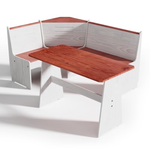Image of Kitchen Breakfast Nook Table Set - Solid Wood Corner Bench Dining Set for 4-6 People, L Shaped Bench for Dinner Room, Space Saving Kitchen Booth Seating with Table for Small Space, Bright White
