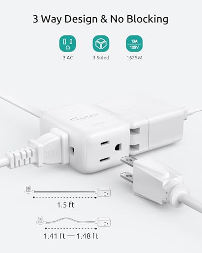 NUTICT Flat Extension Cord with 3 Outlets, 1.5ft Short Extension Cord, 900J Surge Protector, ETL Listed, 13A/1625W, Right Angle Flat Flexible Wall Plug, Ideal for Kitchen Bathroom Tight Spaces, White