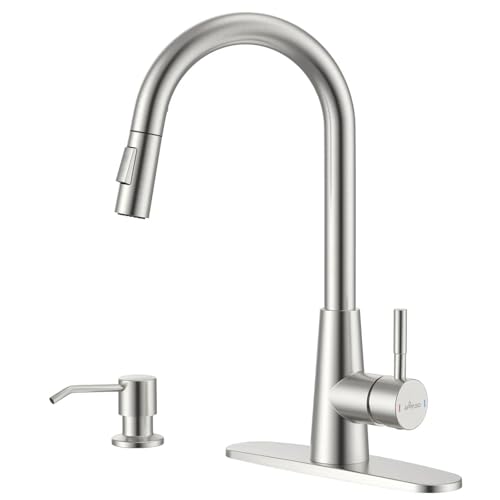 Kitchen Faucet with Soap Dispenser, APPASO Kitchen Faucet with Pull Down Sprayer, Brushed Nickel Kitchen Sink Faucets with Sprayer, Modern Kitchen Faucet for RV Bar Sink, Durable Stainless Steel by APPASO - Used condition - CA$88.89