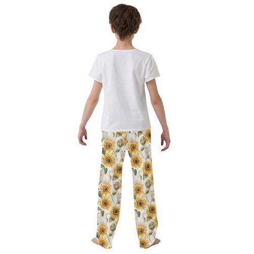 White Cat Sunflowers 3 Long Pajama Pants Bottoms Soft Sleepwear with Pockets3