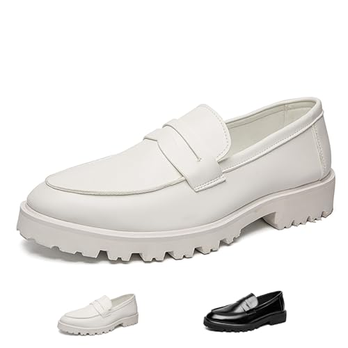 Men's Slip on Lug Sole Casual Loafers,Fashion Round Toe Platform Anti-Slip Comfort Dress Shoes Retro Business Formal Leather Penny Loafers for Men