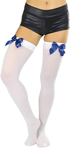 Image of ToBeInStyle Women's Opaque Long Thigh High Stockings w /Decorative Front Satin Bow