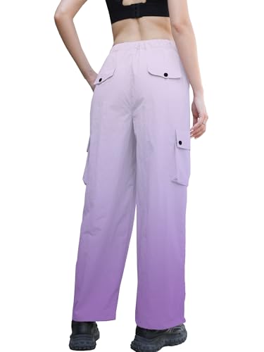 Image of Betusline Girls & Women's High Waist Wide Leg Cargo Pants Y2K Parachute Pants with Pockets and Drawstring 6 Years-Women 2XL
