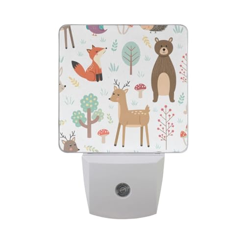 Image of Plug-In Night Light Forest Cute Animals Printed LED Nightlight, Dusk-To-Dawn Sensor, Bedroom, Bathroom, Kitchen, Hallway, Stairs, Energy Efficient, 2-pack, 0.5W