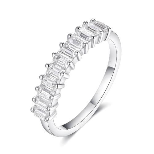 IMOLOVE Moissanite Wedding Bands for Women, Trendy 0.9 Carat Sterling Silver Stackable Baguette Rings Fashion Moissanite Eternity Rings for Women with 18K White Gold Plated Size 10