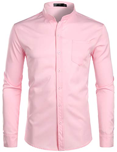 PARKLEES Herren Smart Dress Shirt mit Grandad-Kragen, schmale Passform, langärmelig, Knopfleiste mit Tasche, rose, L