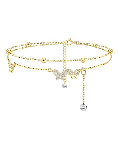 Image of Silver Ankle Bracelets for Women, Butterfly /Stars Cute Charm Anklet, 14K Gold Plated Layered Chain Anklets for Women Teen Girls